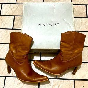 Nine West Camel Leather Cowboy Booties 3.5 inch heel Size 8